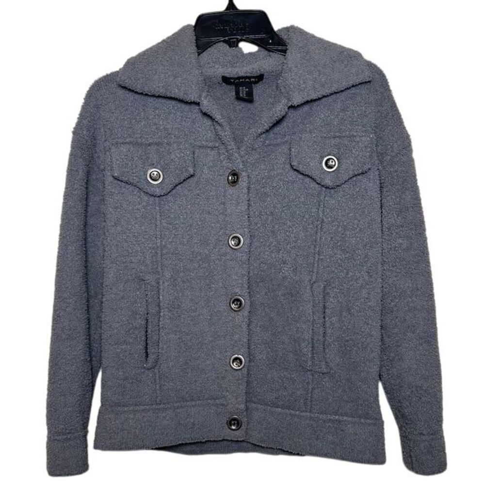 Tahari Gray Fuzzy Teddy Button Up Sweater Jacket Women's‎ Size XS